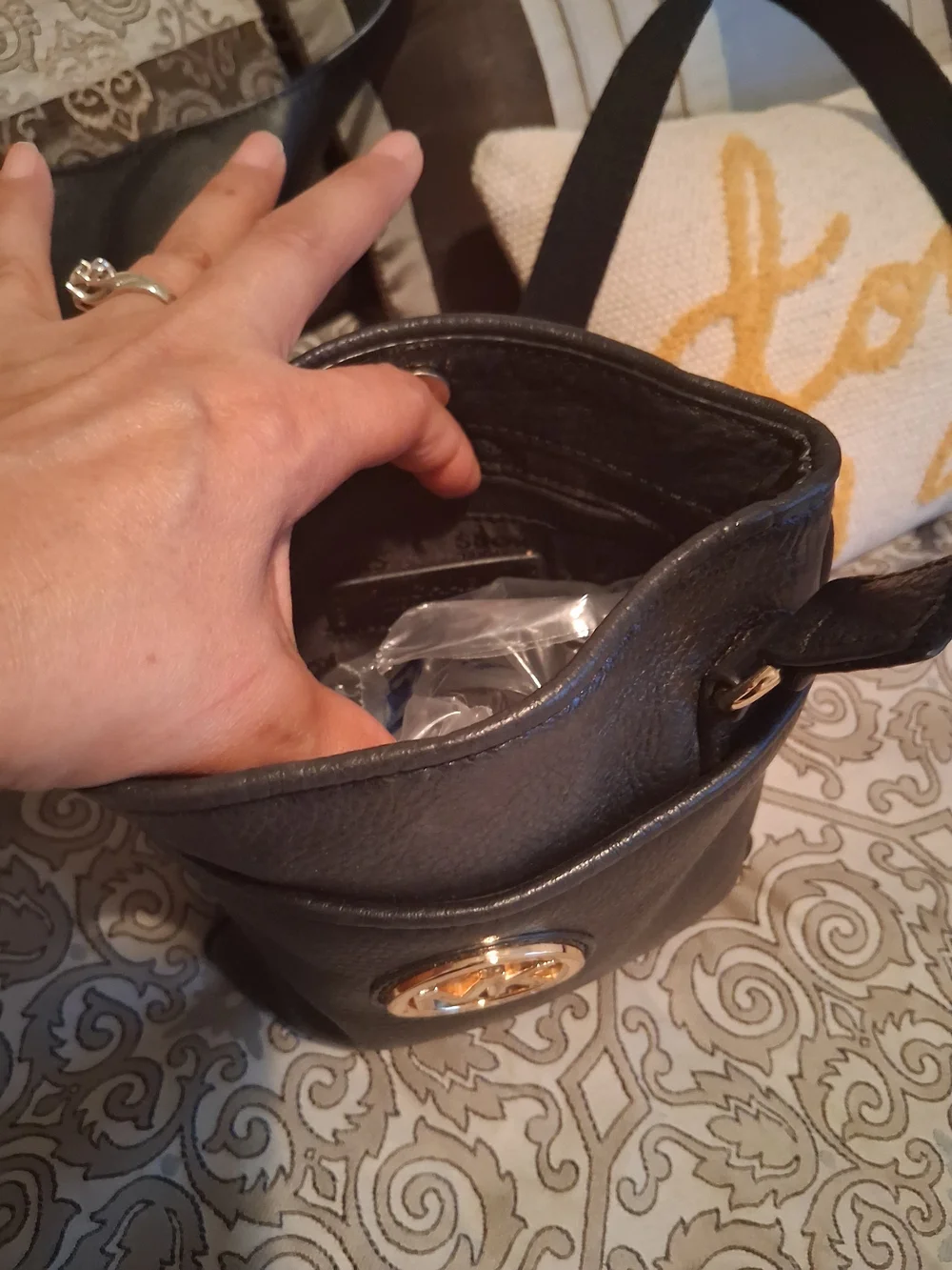 Michael Kors Black Pebbled Leather Crossbody with Gold MK Medallion